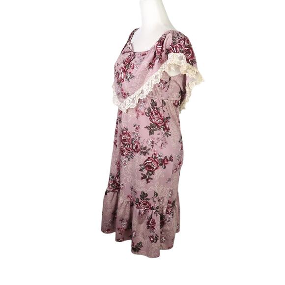 Vintage 70s mauve purple rose floral midi dress lace trim XS - Picture 3 of 6